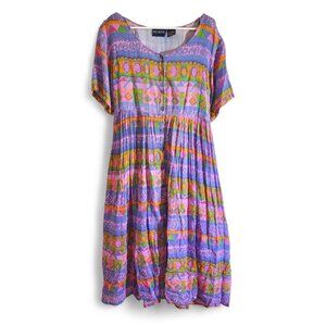 Vintage Boho Dress 90s Geometric Tribal Print Cotton Beach Coverup Midi Maxi L